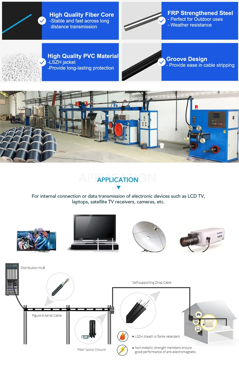 FTTH Drop Cable 2fo F657A G652D Outdoor Waterproof LSZH Jacket Flat Cable Fiber FTTH