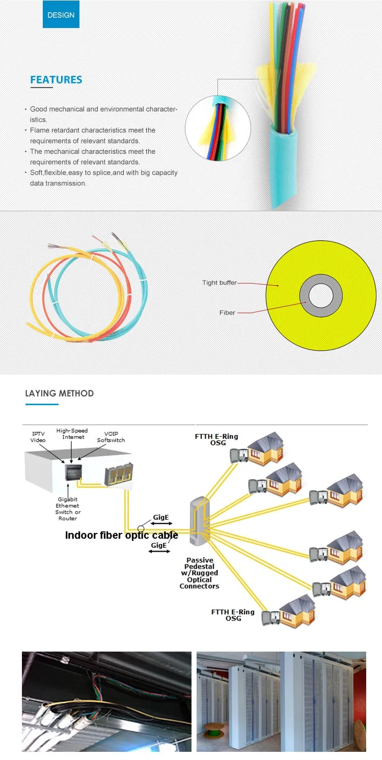 GJFJV 8 core single mode indoor distribution fiber optic cable from real china factory with 1000meter/roll
