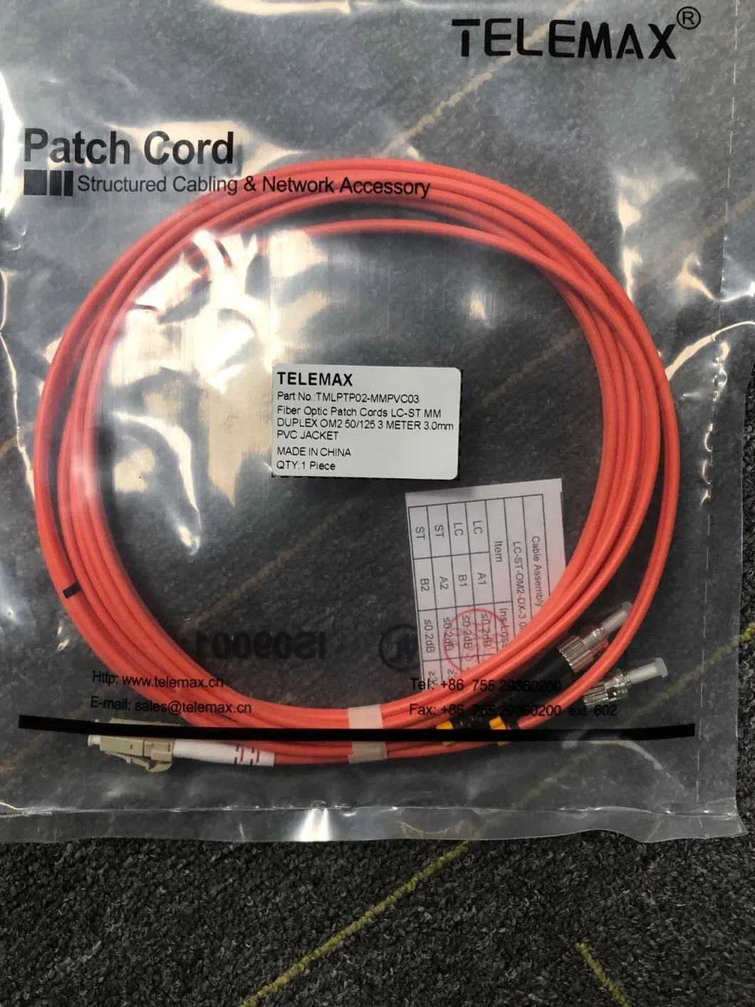 Telemax LC APC to LC APC Duplex Om5 Multimode LSZH 2.0 3.0mm Fiber Optic Patch Cord